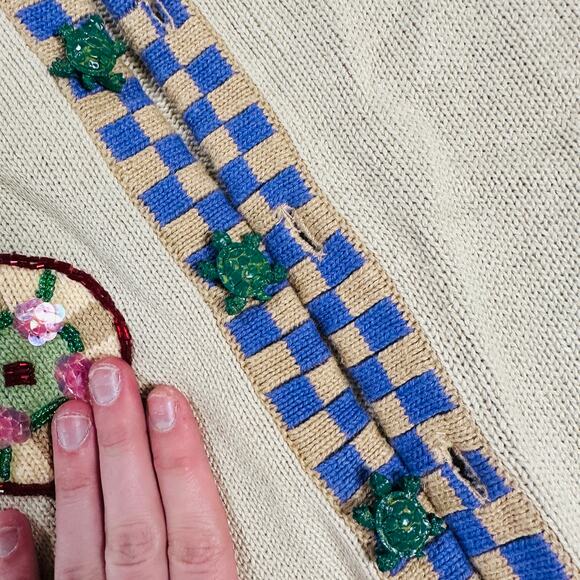 VINTAGE STORYBOOK KNITS BEADED COLORFUL KNIT TURTLE CHUNKY CARDIGAN SWEATER - Picture 4 of 7